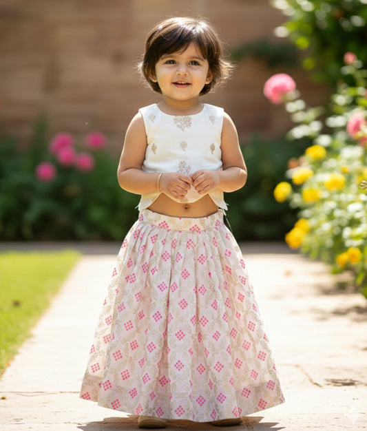 Off-white Chanderi Top with Full Length Skirt For Onam [Ready To Ship: 7672]