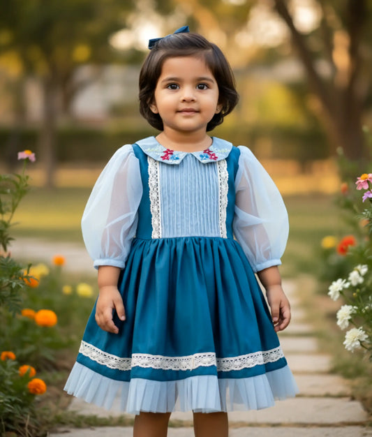 Blue Floral Embroidery Cotton Frock For Baby Girl [Ready to ship: 7724]