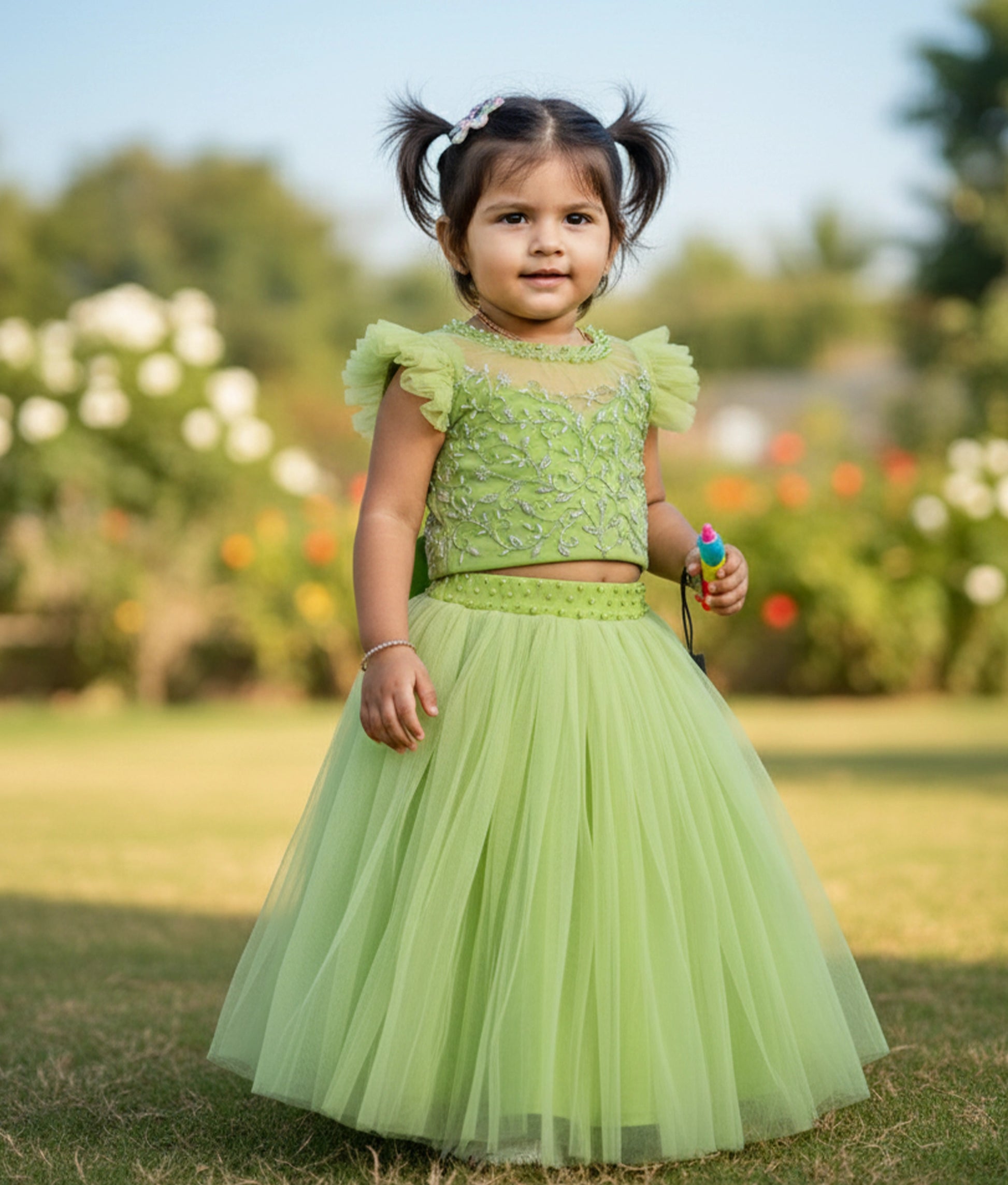 Pastel Green Tulle Net Handworked Crop Top with Full Length Skirt NakshatraKids LLP Pastel Green Tulle Net Handworked Crop Top with Full Length Skirt NakshatraKids LLP