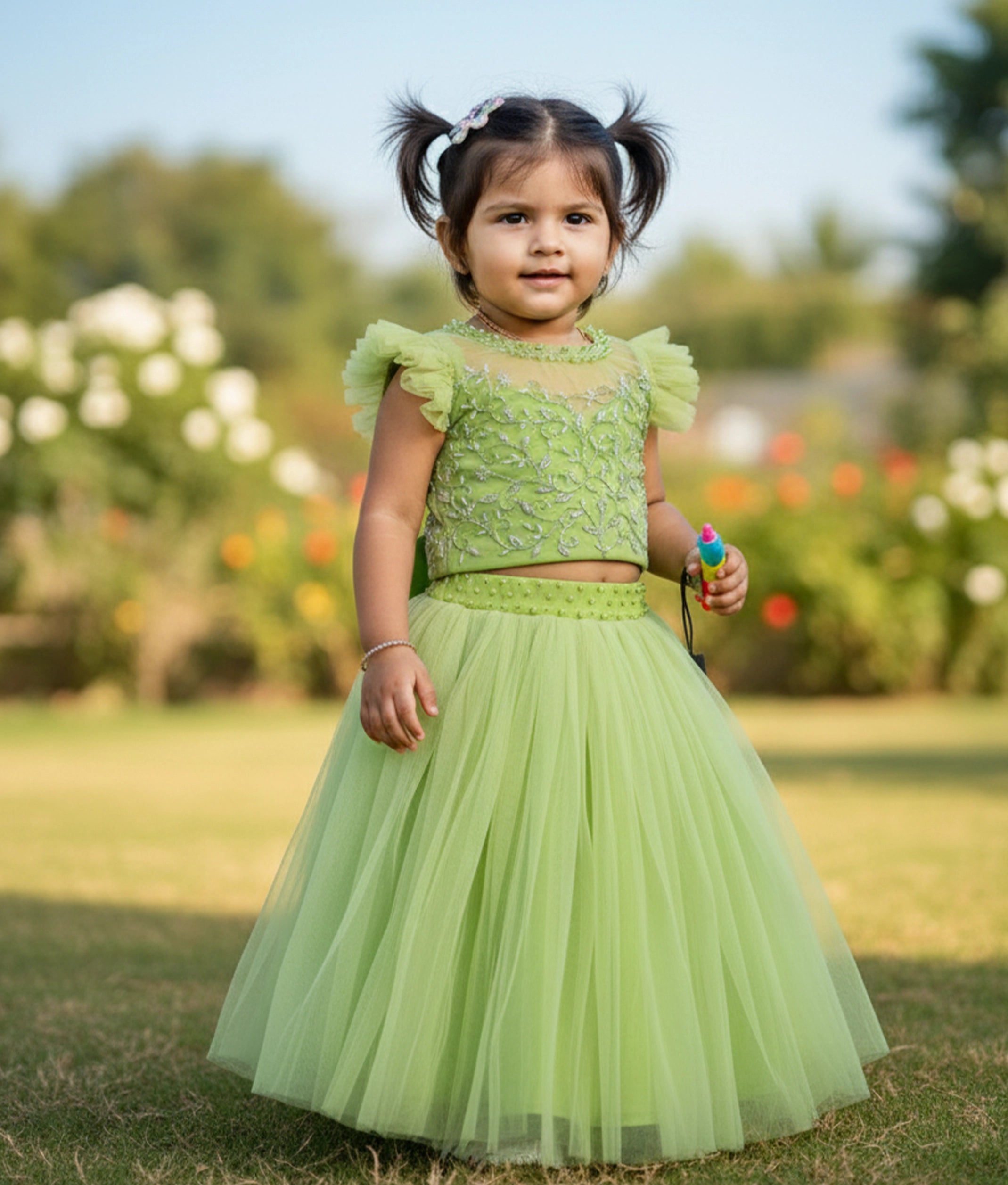 Pastel Green Tulle Net Handworked Crop Top with Full Length Skirt [7866]