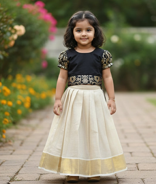 Black Plain Row cotta with worked banarasi Top with Kasav Full Length Skirt For Baby Girl [Ready To Ship: 7951]