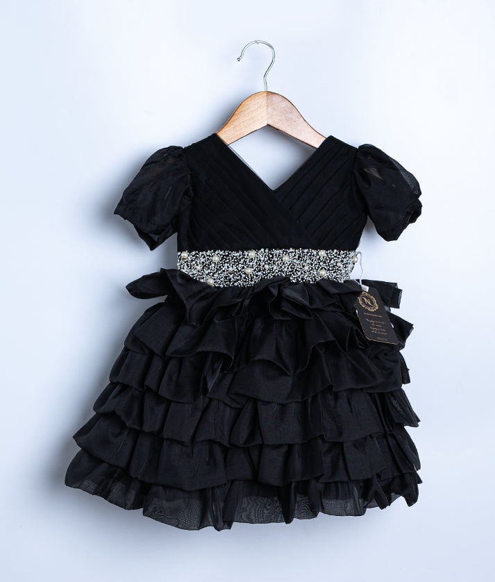 Black Plain Organza Birthday Frock For Baby Girl [2384A]