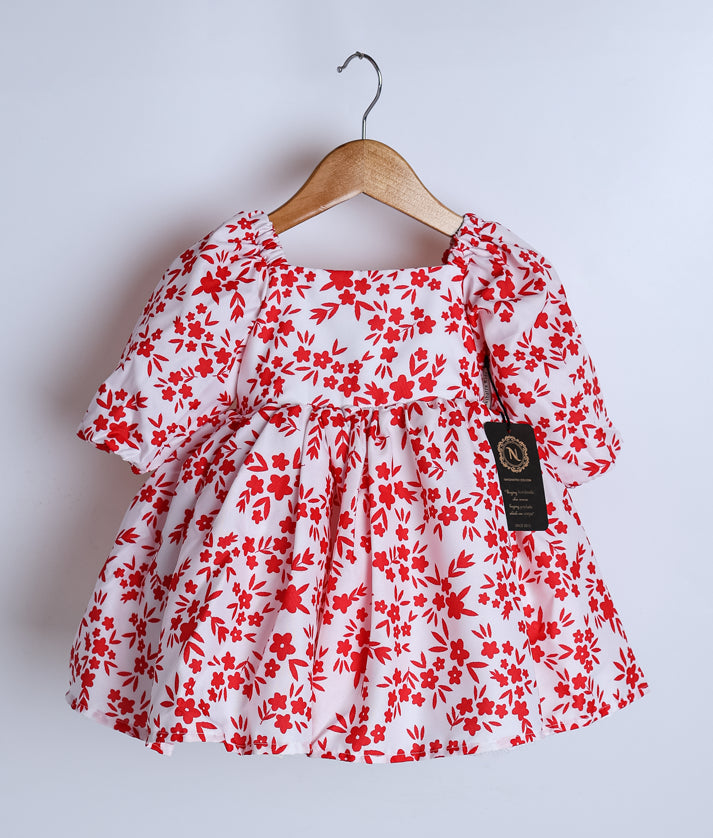 Red And White Floral Printed Chiffon Christmas Frock For baby Girl [2431]