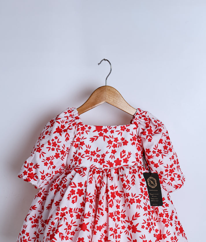 Red And White Floral Printed Chiffon Christmas Frock For baby Girl [2431]