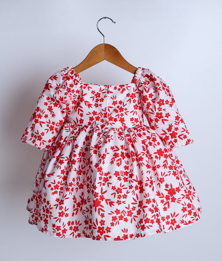 Red And White Floral Printed Chiffon Christmas Frock For baby Girl [2431]