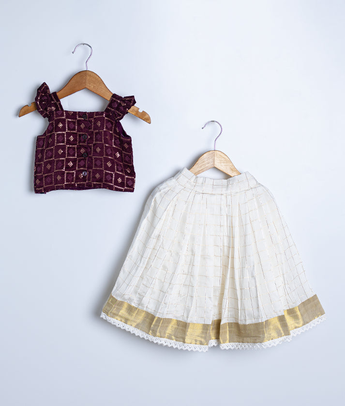 Grape Wine Nysha Silk Top with Chanderi Full Length Skirt For Onam [2789]