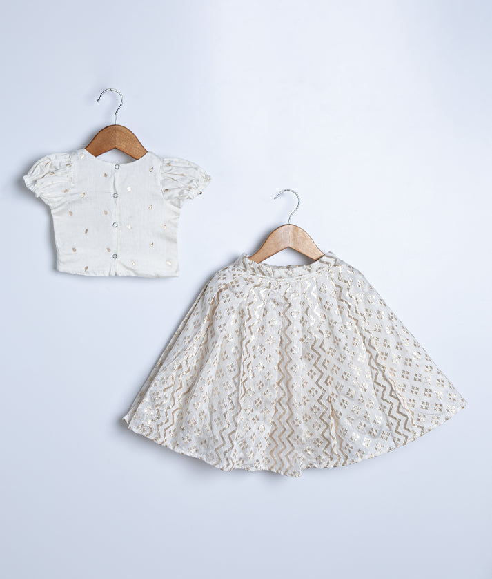 Off-white Work Material Top With Banarasi Skirt For Baby Girl [2792]