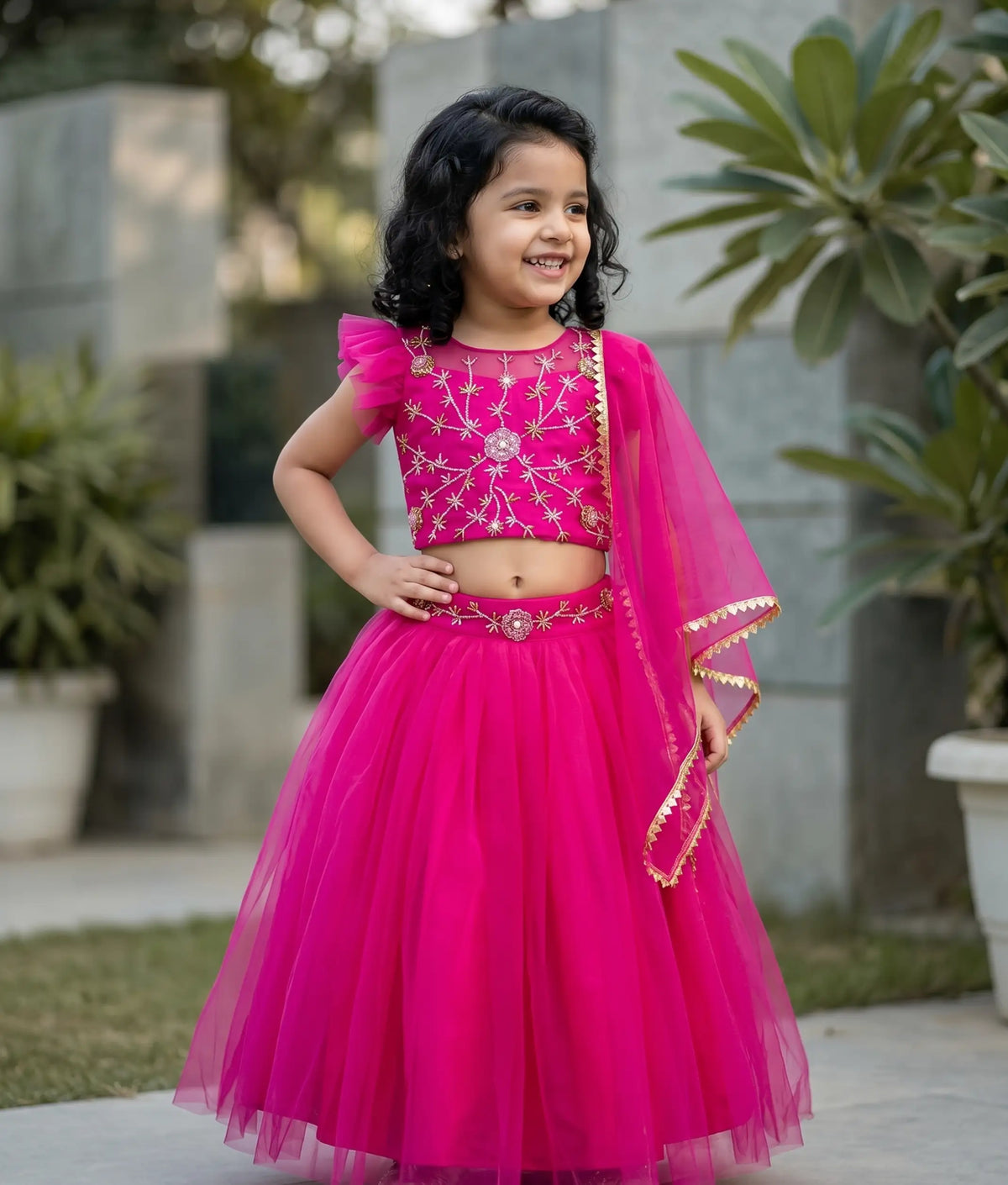 Magenta Tulle net Hand worked Crop Top with Full Length Skirt for Baby Girl [2396]