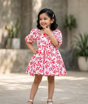 Red And White Floral Printed Chiffon Christmas Frock For baby Girl [2431]