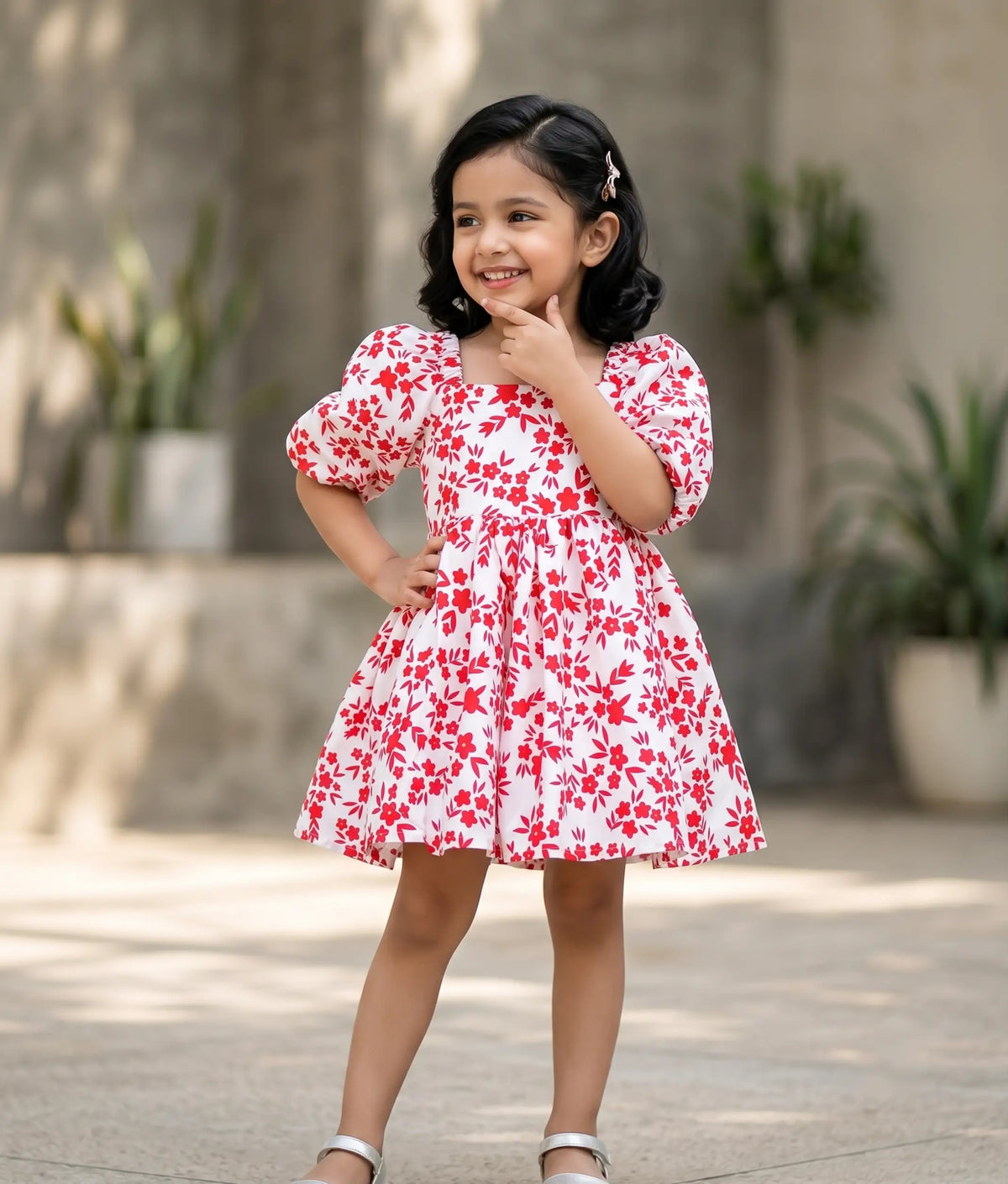 Red And White Floral Printed Chiffon Christmas Frock For baby Girl [2431]