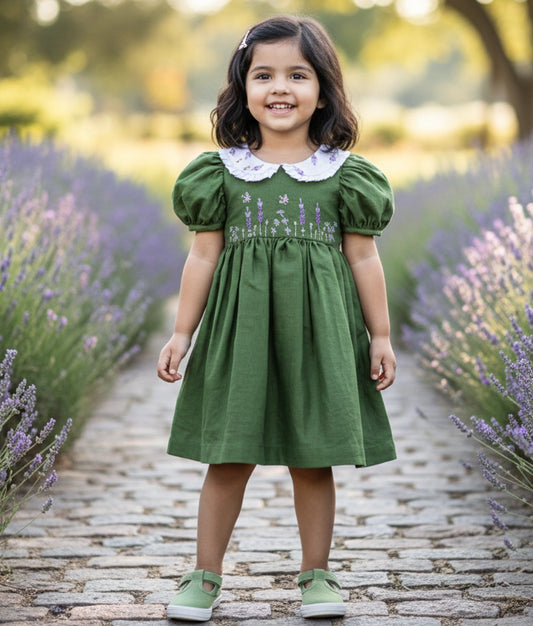 Green Embroidery Cotton Christmas Frock For Baby Girl [Ready To Ship: 2389]