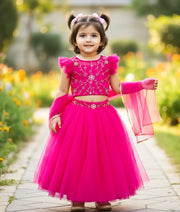 Magenta Tulle net Handworked Crop Top with Full Length Skirt For Baby Girl [Ready To Ship: 2396]