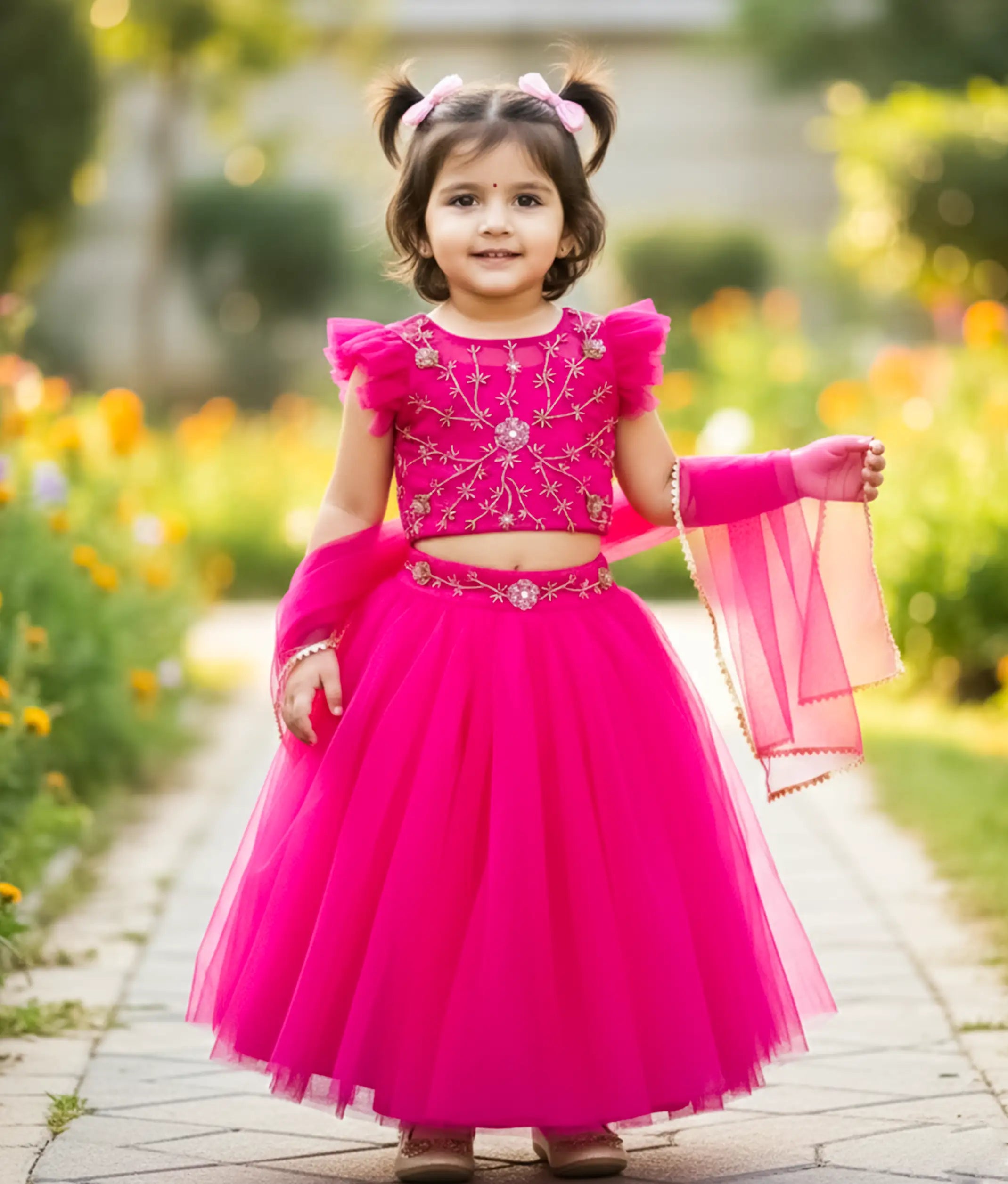 Magenta Tulle net Handworked Crop Top with Full Length Skirt For Baby Girl [Ready To Ship: 2396]