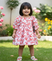 Red And White Floral Printed Chiffon Christmas Frock For baby Girl [2431]