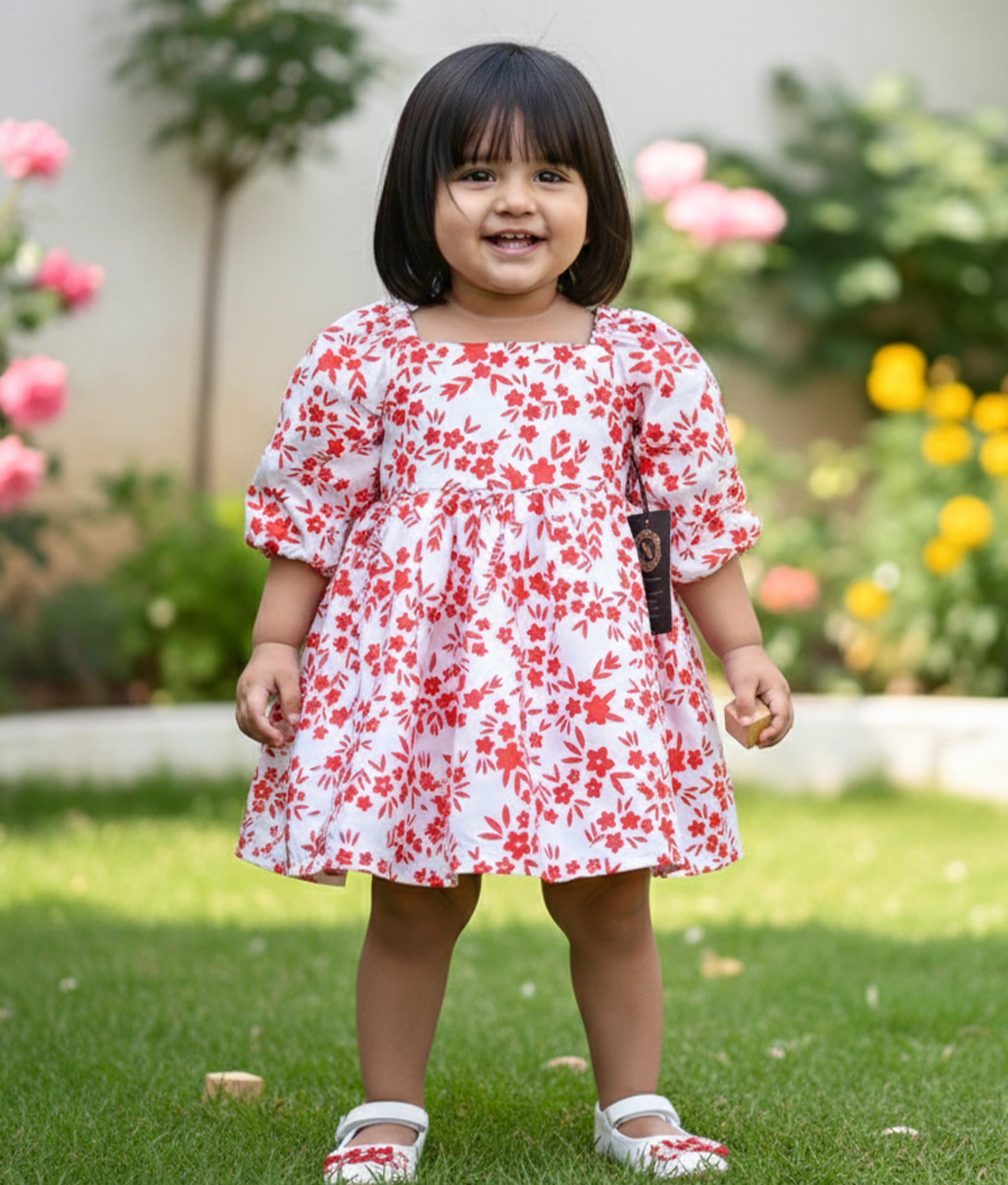 Red And White Floral Printed Chiffon Christmas Frock For baby Girl [2431]