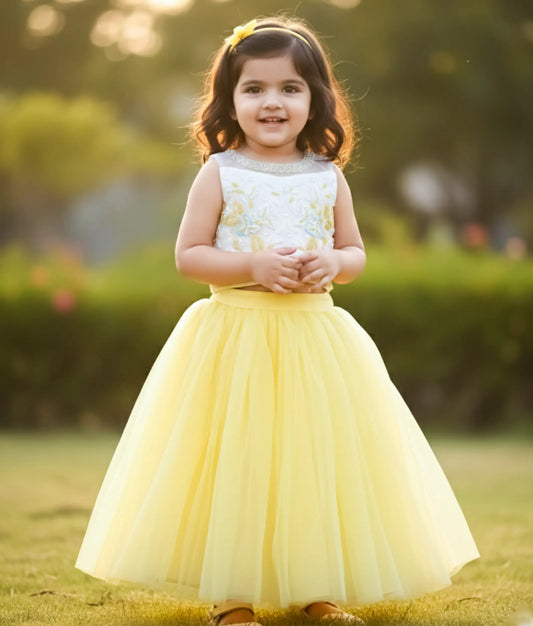 Off White Tulle Net Handworked Top With Full Length Skirt For Baby Girl [Ready To Ship : 2609]
