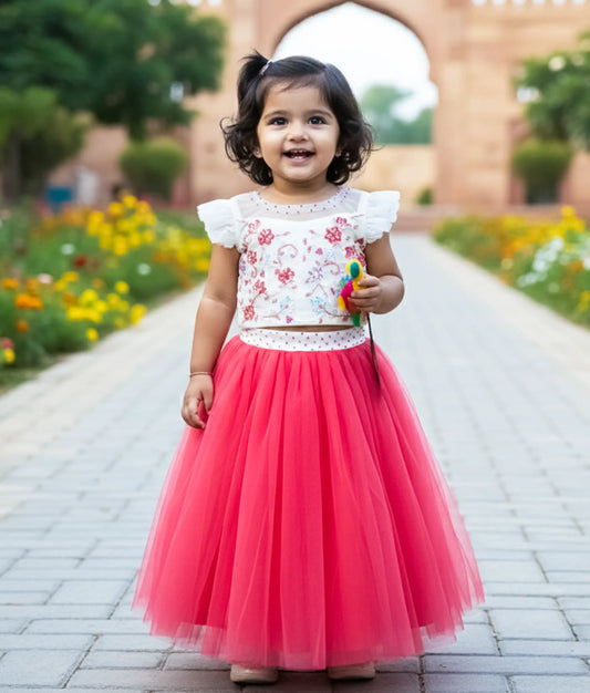 White Crop Top With Dark Pink Full Length Skirt For your little One [Ready To Ship :2611]