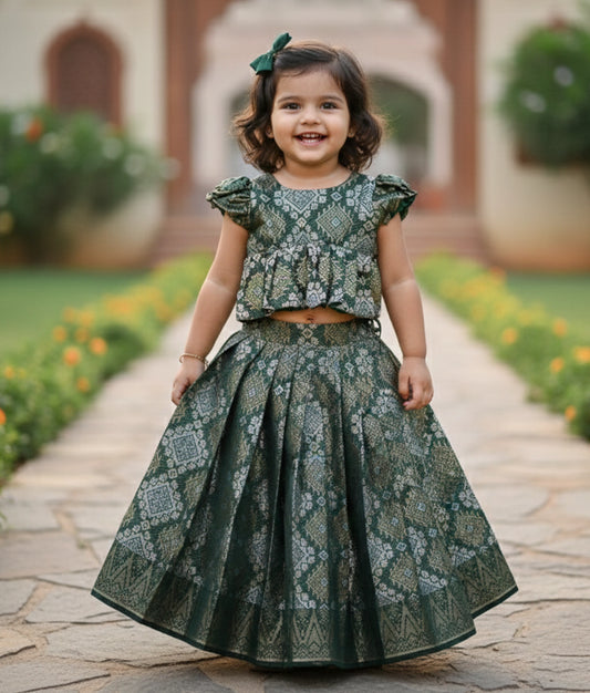 Green Banarasi Top With Full Length Skirt For Onam [Ready To Ship: 2692]
