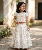 Off-white Work Material Top With Banarasi Skirt For Baby Girl [2792]