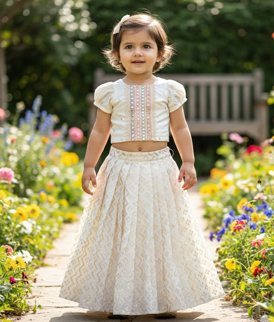 Off-White Chanderi Work Material Top With Full Length Skirt For Onam [Ready To Ship: 2792]