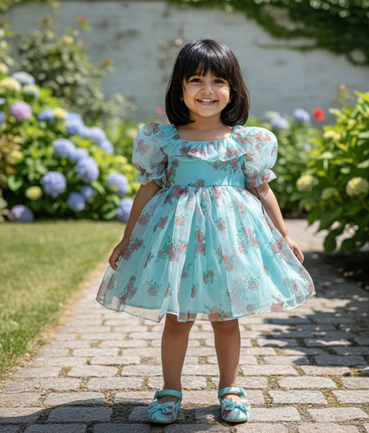 Ocean Blue Printed Organza Casual Frock For Baby Girl [Ready To Ship: 2112]
