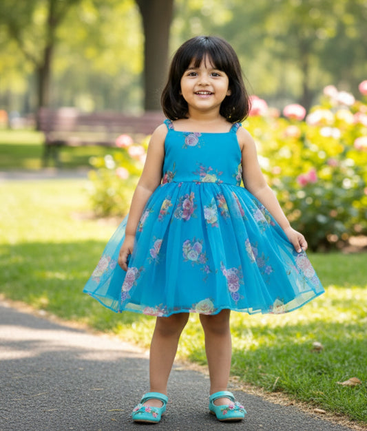 Blue Printed Organza casual Frock For Baby Girl [Ready To ship: 2237]