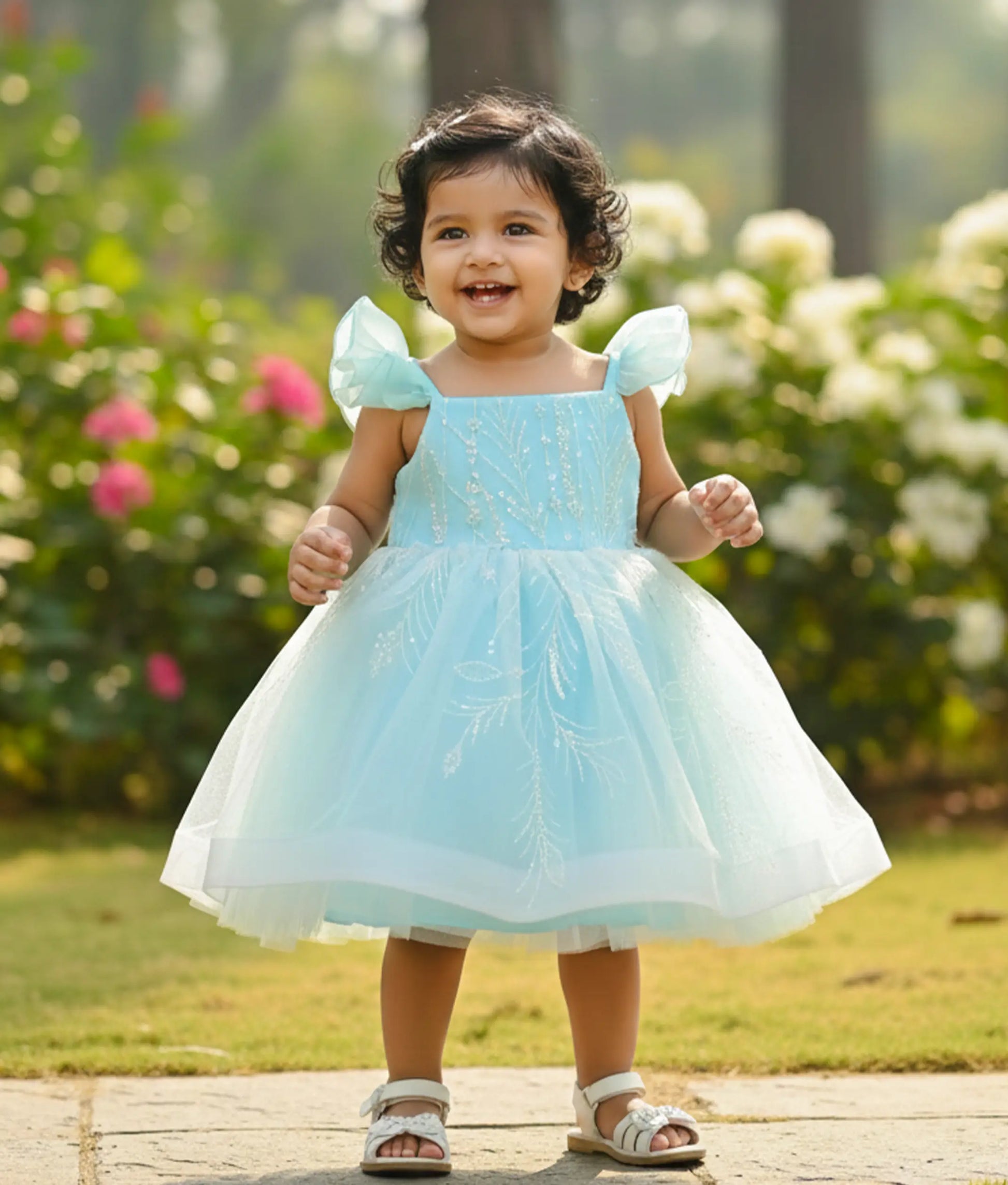 Baby girl wearing a sky blue tulle net birthday frock for baby girls featuring floral vine work material and butterfly sleeves