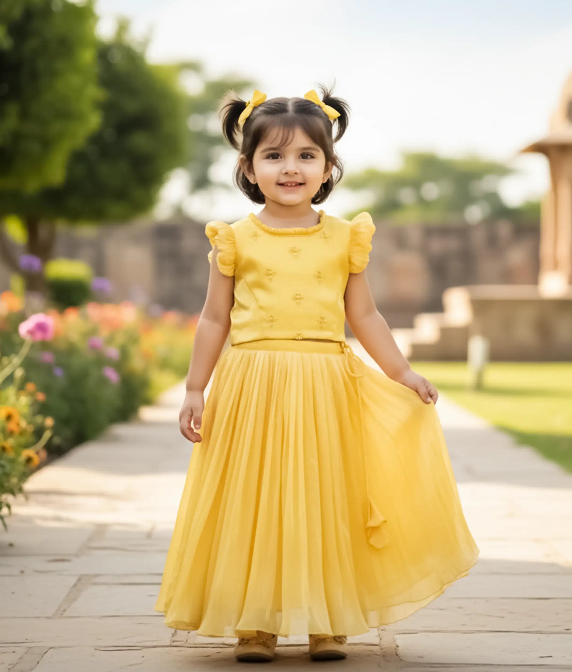 Baby girl wearing a yellow organza skirt and top
