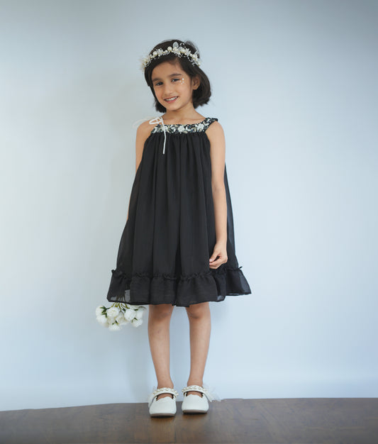 Baby girl wearing black shimmer georgette handworked frock
