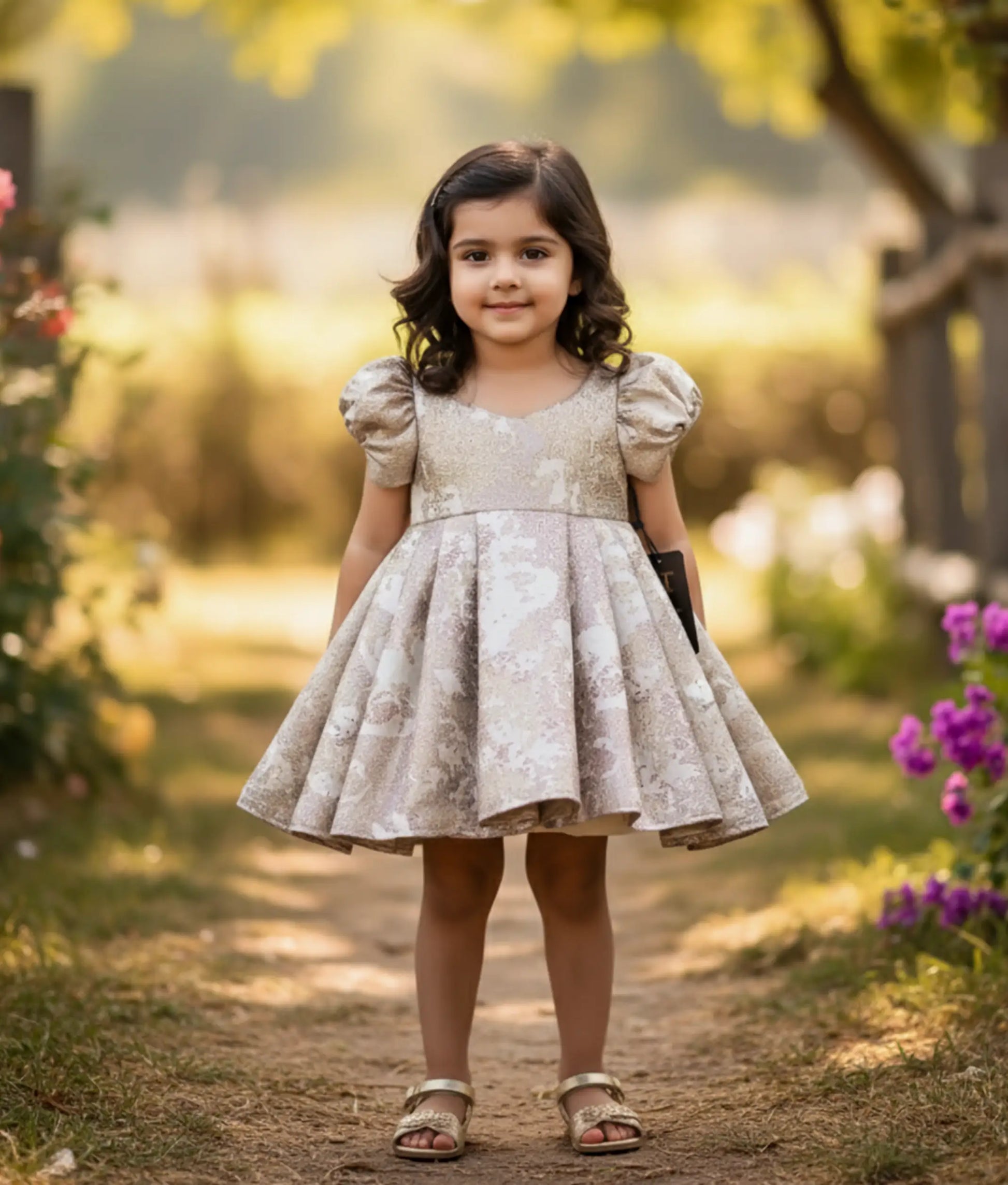 A baby girl wearing a radiant gold jacquard organza birthday frock with puff sleeves and a pleated flare.