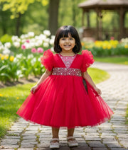 A baby girl wearing a hot pink handworked tulle net birthday frock with butterfly sleeves and a layered flare.