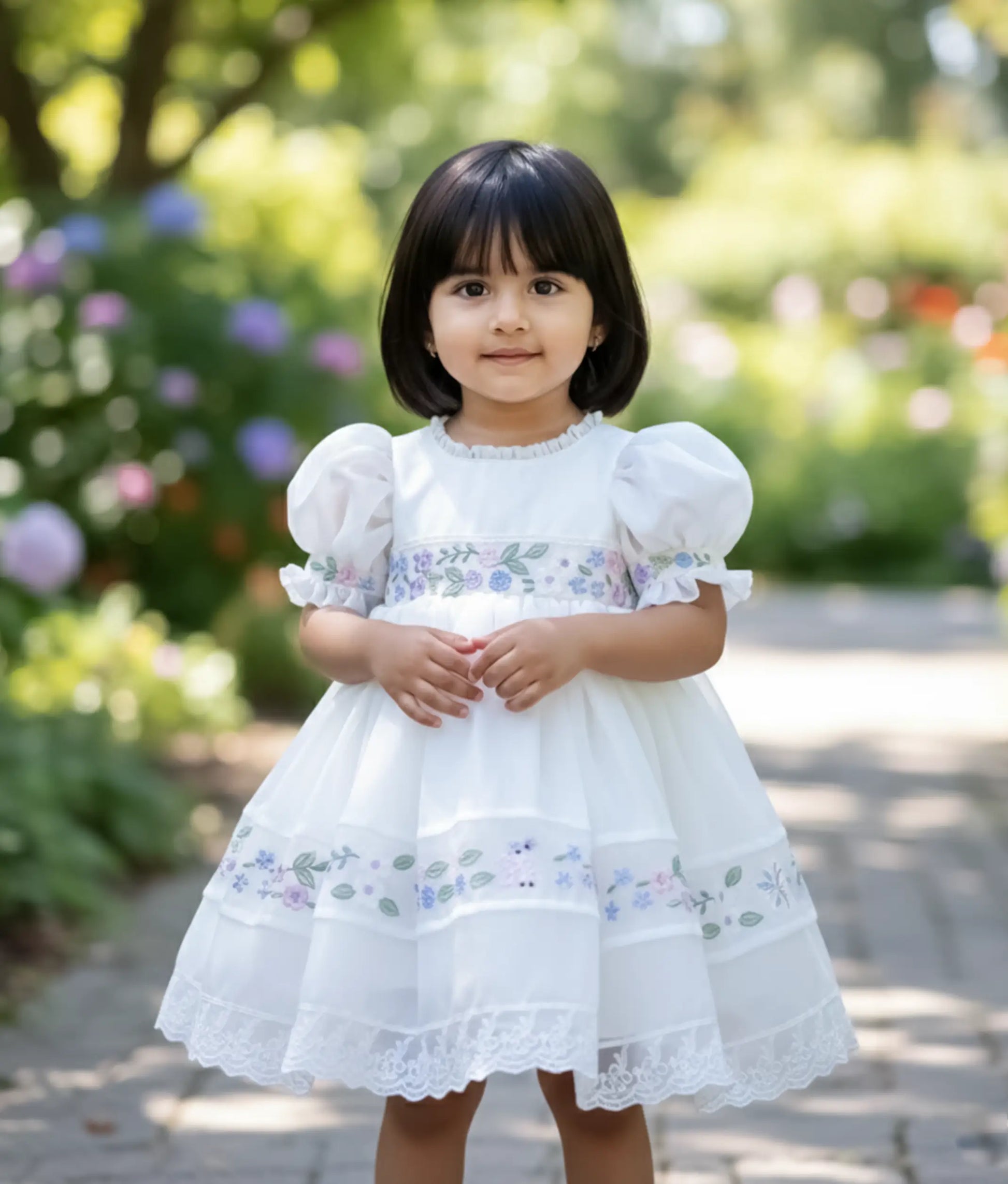 Baby girl wearing an off-white shimmer organza birthday frock with puff sleeves and cartoon theme embroidery
