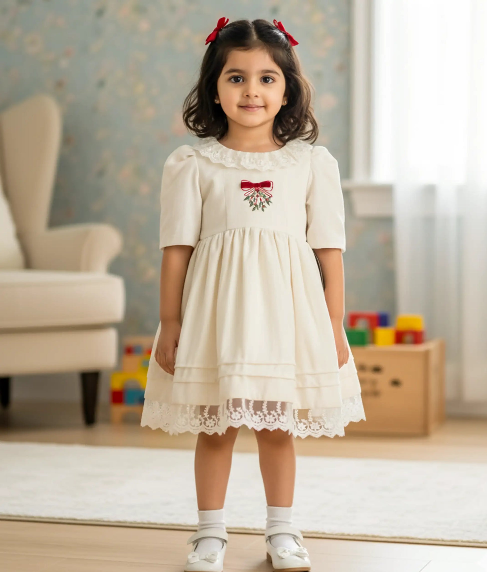 Young baby girl wearing the off-white linen embroidered dress with 3/4 sleeves and pleated skirt.