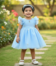 Baby girl wearing a pastel blue floral handworked crush organza birthday dress for baby girls featuring layered butterfly sleeves and a flared skirt