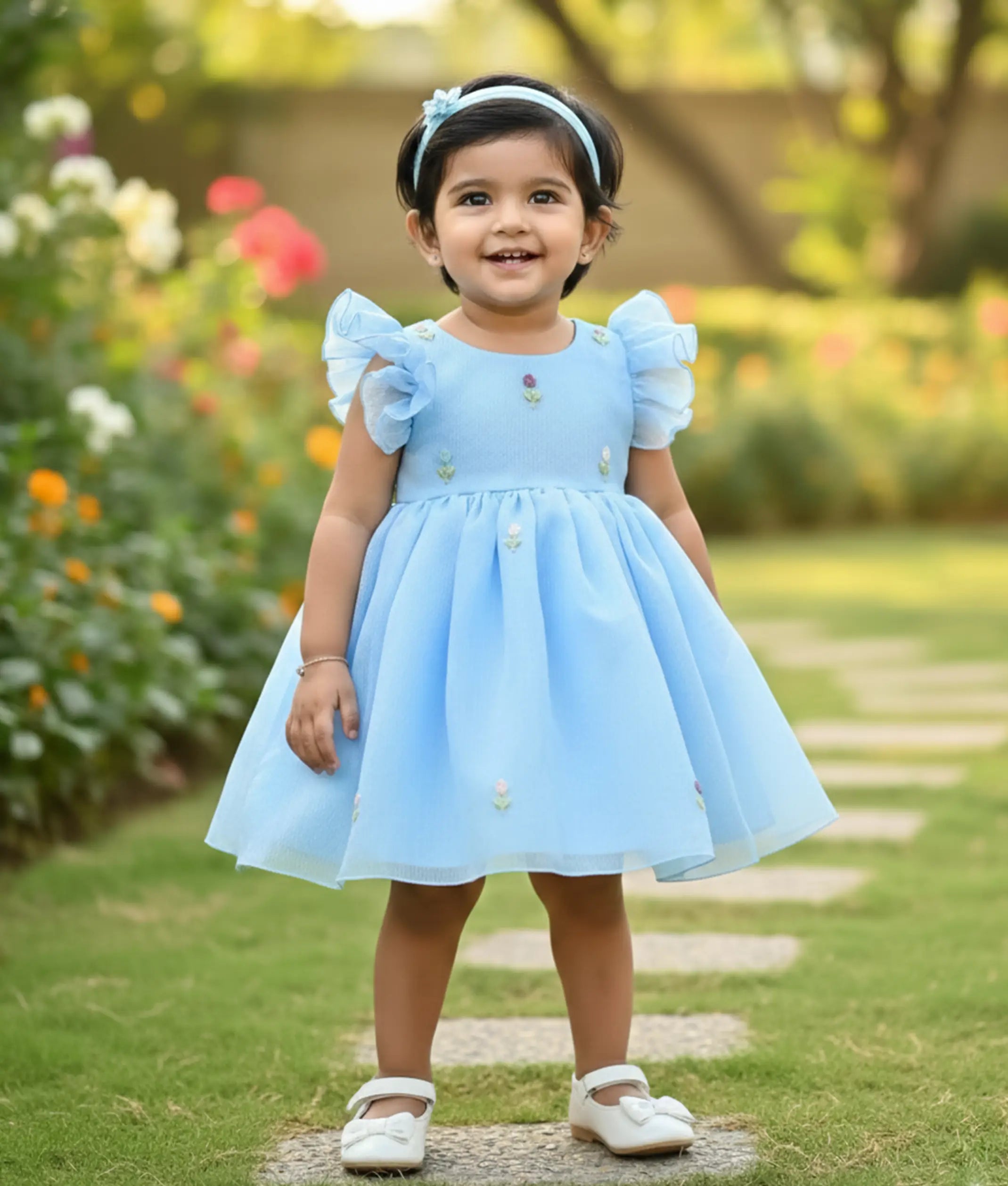 Baby girl wearing a pastel blue floral handworked crush organza birthday dress for baby girls featuring layered butterfly sleeves and a flared skirt