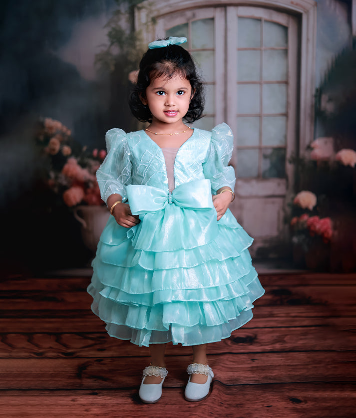 Baby girl wearing powder blue shimmer organza princess theme dress 