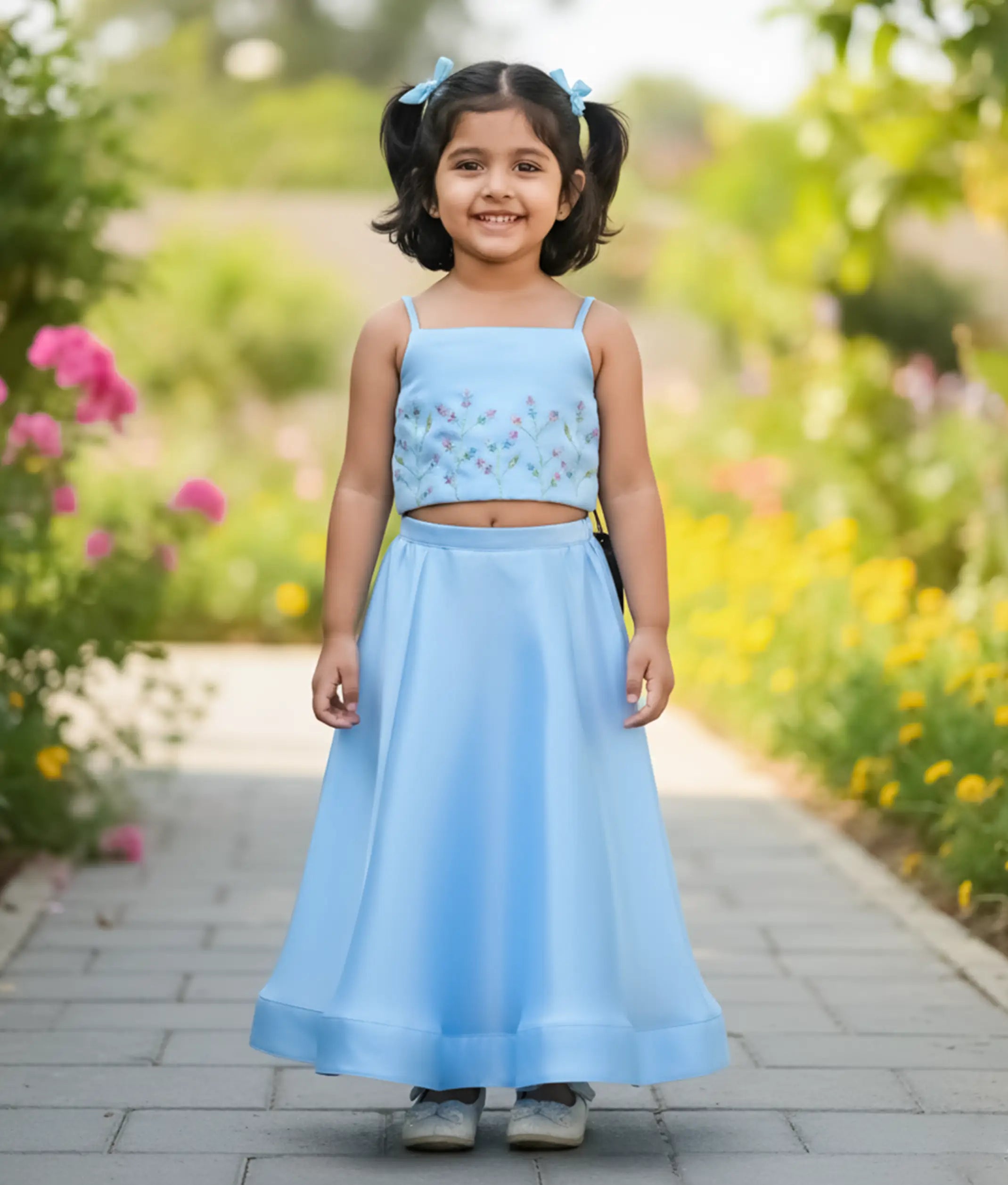 A baby girl wearing the sky blue handworked organza top and full-length layered umbrella skirt with tassel details