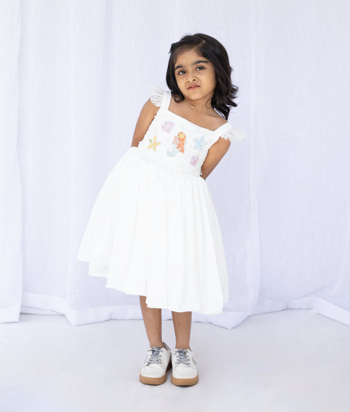 Baby girl wearing white double side satin mermaid theme dress