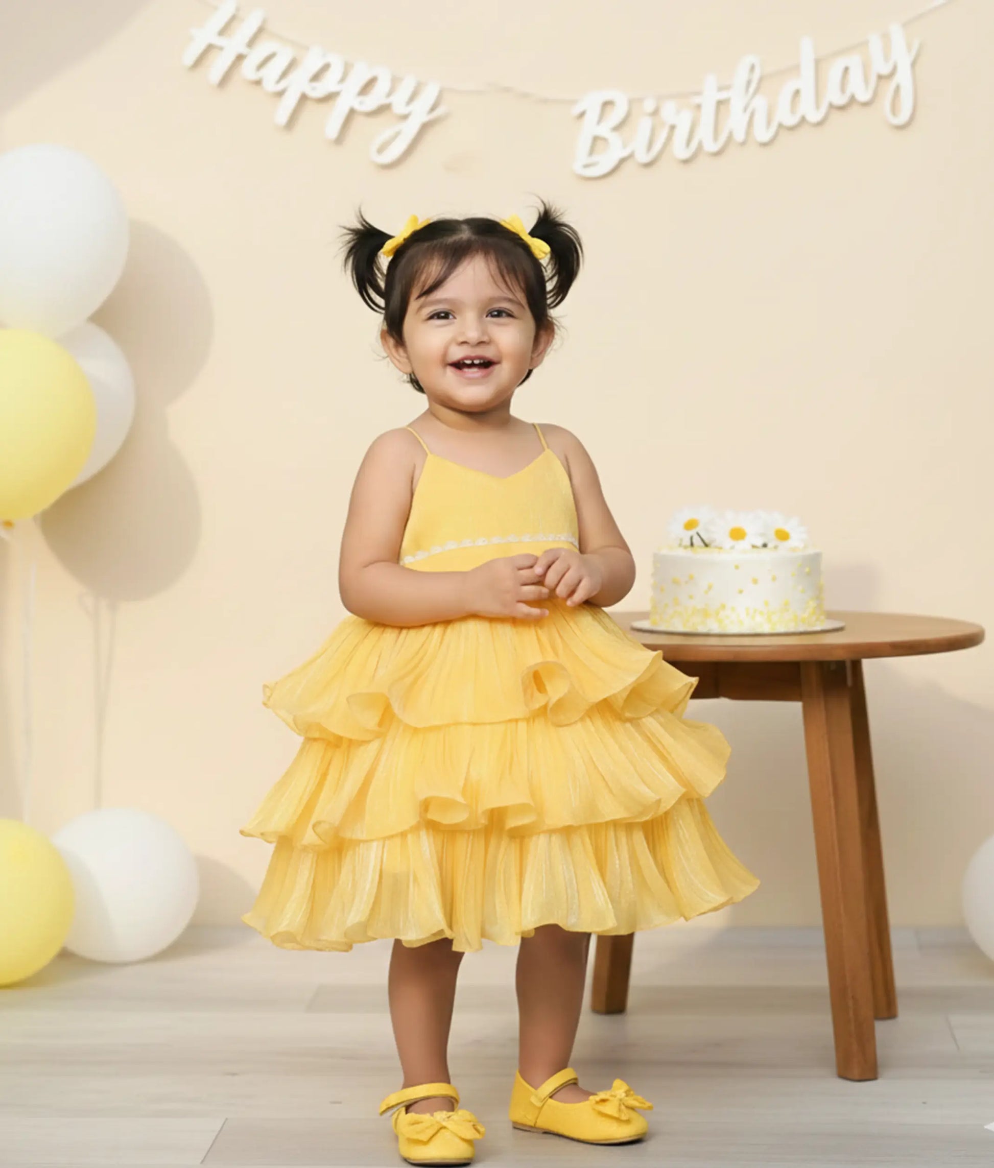 Baby girl wearing a vibrant yellow laser organza birthday dress for baby girls featuring spaghetti straps and a multi-layered step skirt