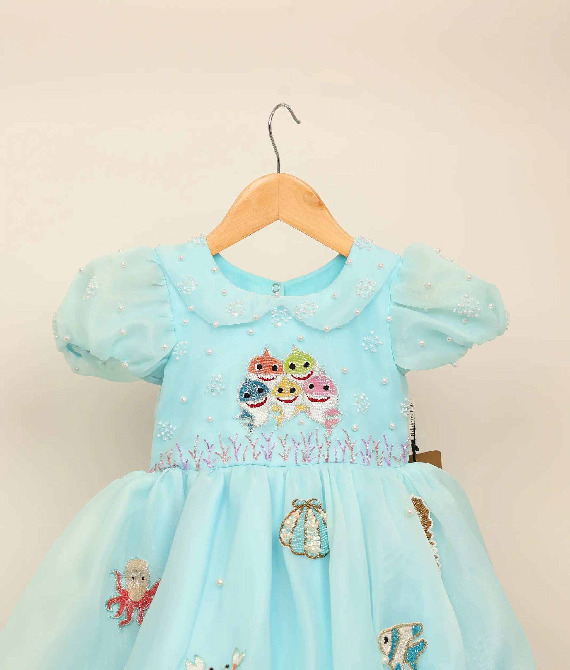 Close-up of the beaded Peter Pan collar and pearl-embellished puff sleeves on the sky blue birthday frock