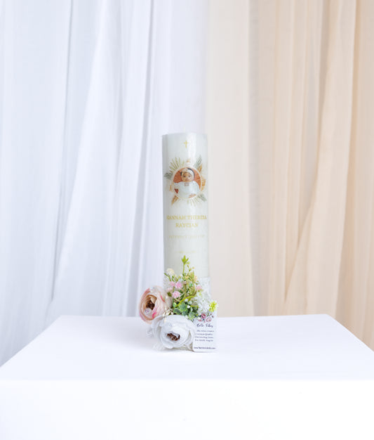 baptism candle decorated with premium off-white lace and delicate floral accents for a baby.