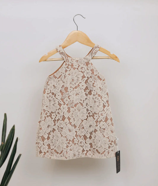 Beige wedding lace sleeveless A-line frock with round neck for baby girl.