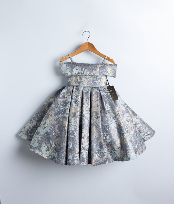 Full-length view of the below-knee powder blue frock, perfect for winter parties