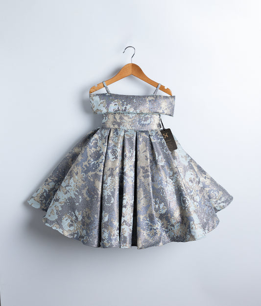 Full-length view of the below-knee powder blue frock, perfect for winter parties