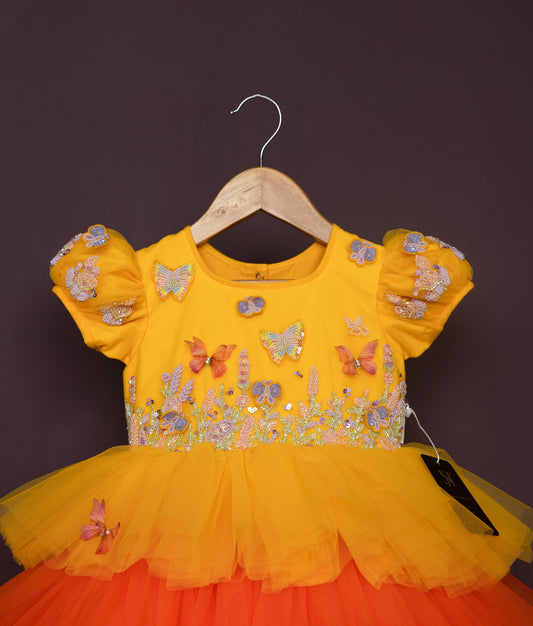 Elegant toddler girl dress in orange and yellow for birthdays and parties