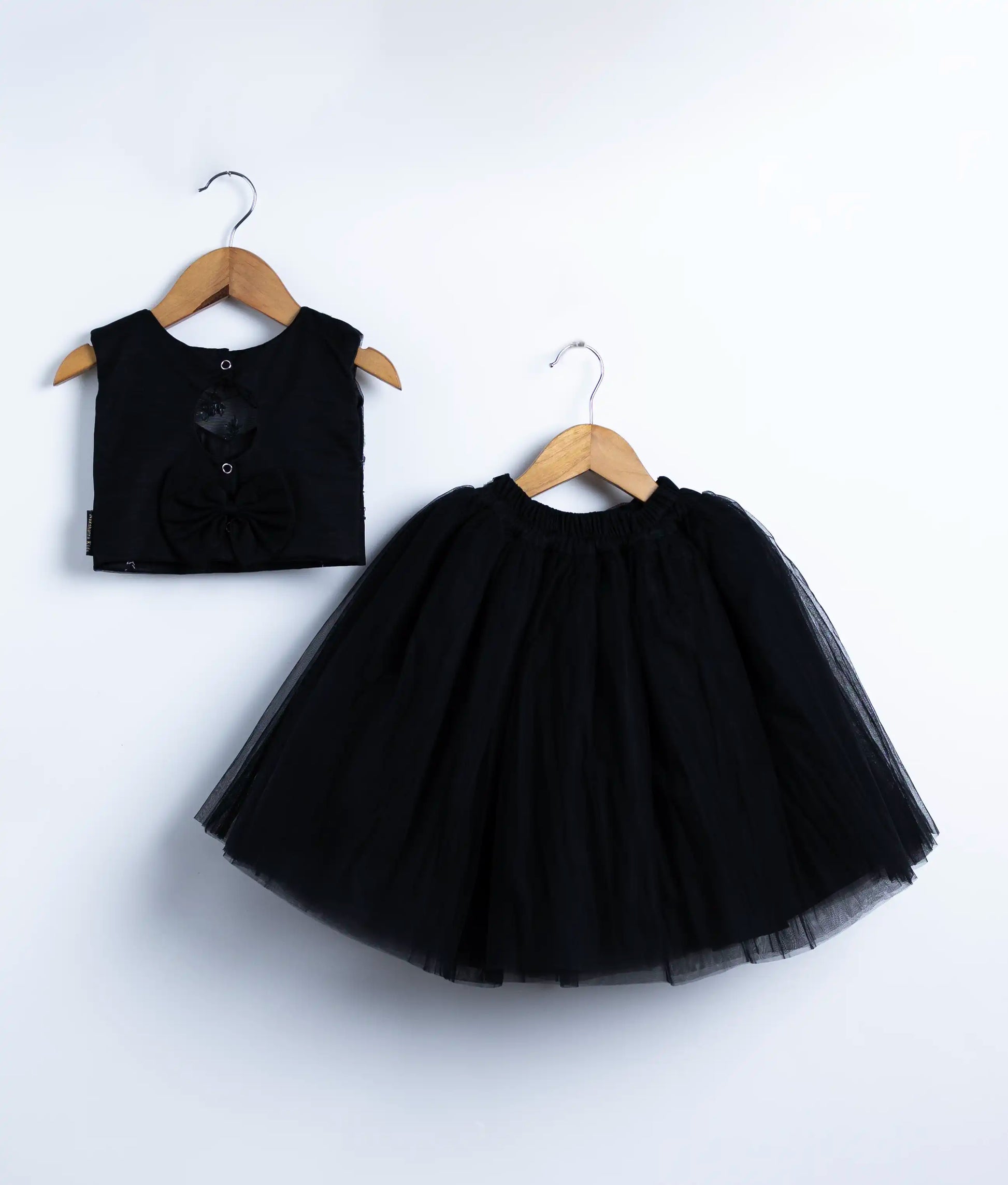 Full view of black swan theme party tulle skirt and top set for baby girl formal occasions and events