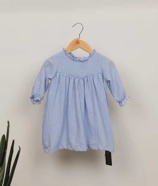 Blue linen frock with a plain yoke, round neck, and stylish peasant sleeves for baby girls.