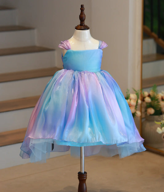 Front view of blue and pink multi-shade laser organza high-low birthday frock for baby girls with ruffle straps