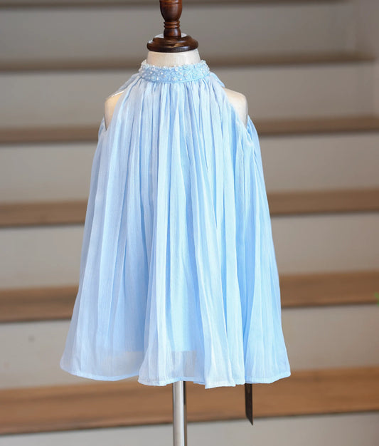 Front view of a blue shimmer georgette frock with a micro-pleated bodice and high-neck collar.