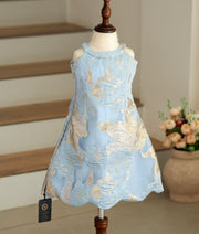 Front view of the blue and gold Turkish organza A-line frock with a high-neck halter design.